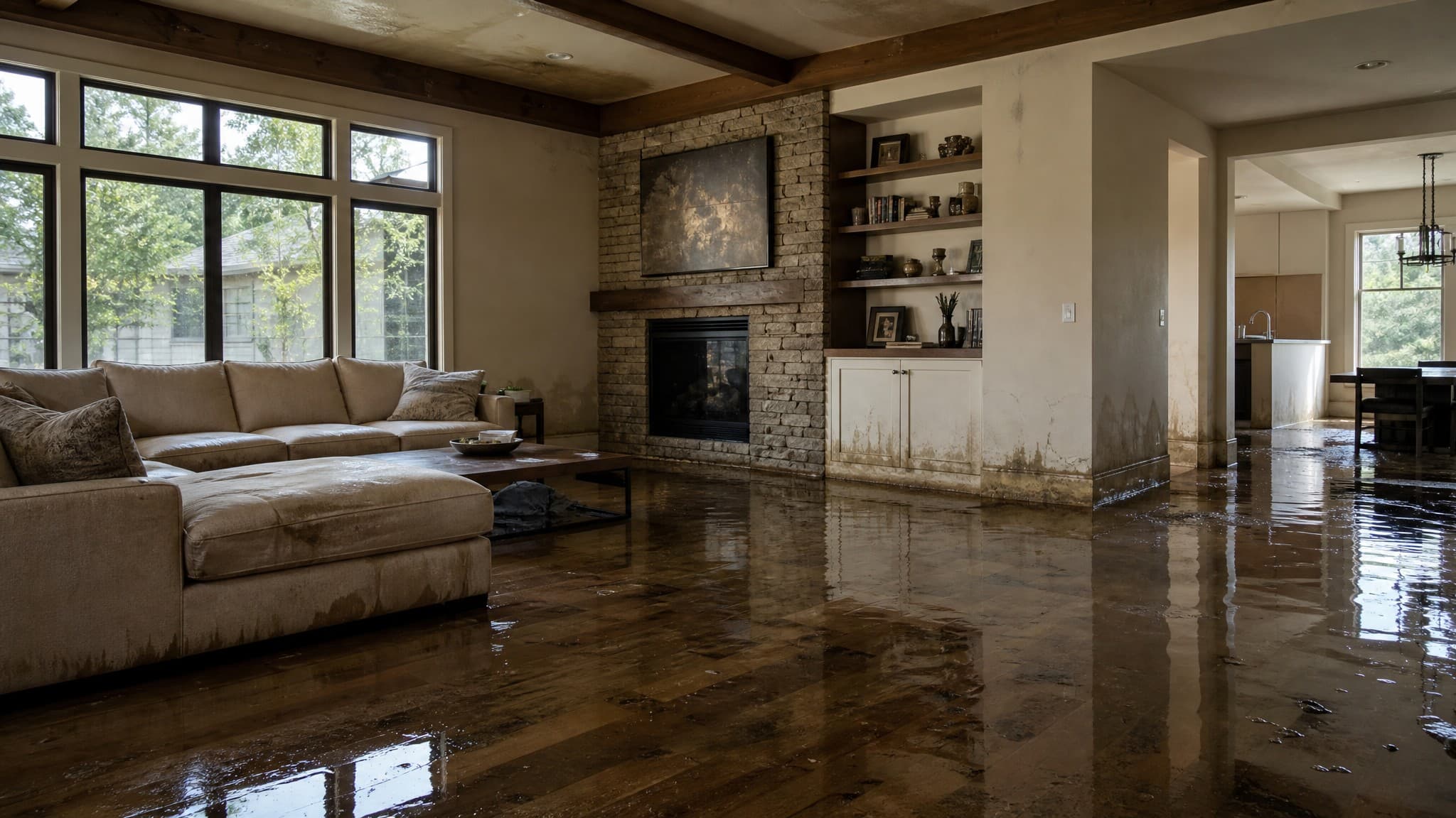 Austin living room flooded with water damage