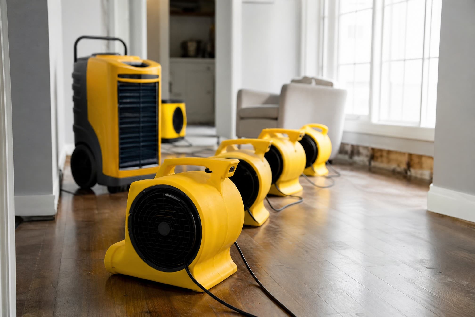 Professional drying equipment set up after water damage
