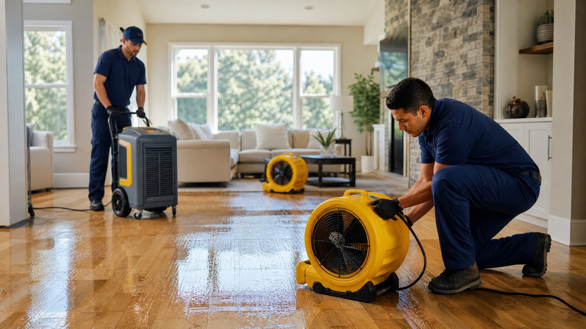 Restoration technicians drying a flooded living room in Austin